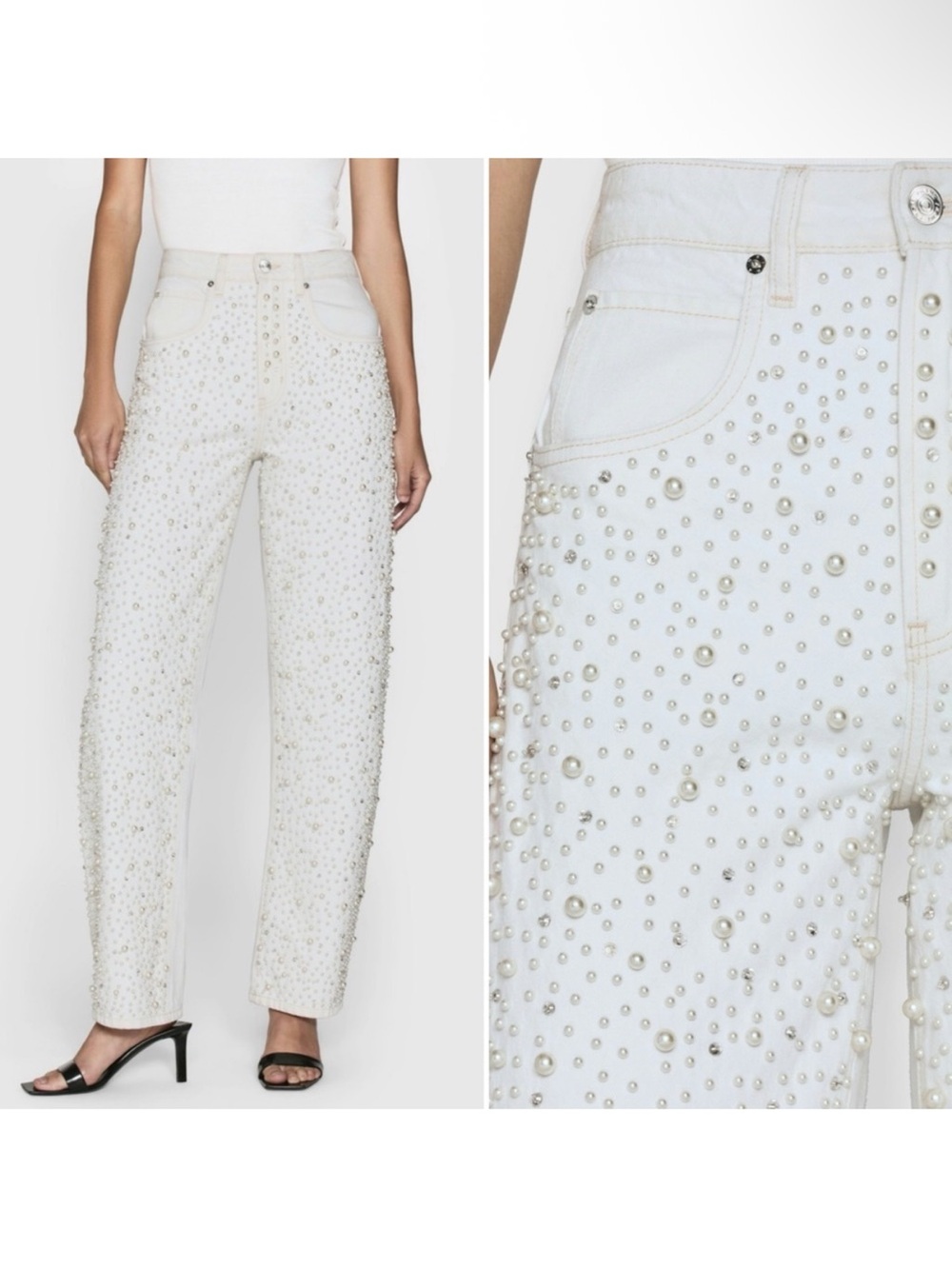 NWT FRAME The Atelier Pearl Barrel in Au Natural Clean Embellished Jeans $1098